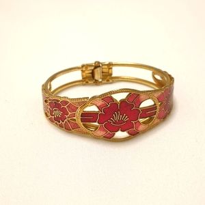 Vintage Gold Coral Pink Floral Bangle Bracelet